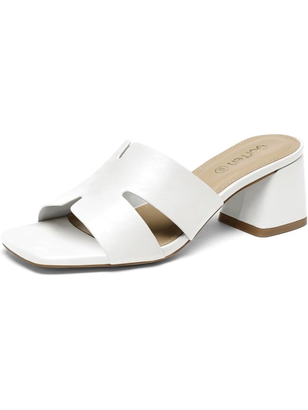 Women's White Square Open Toe Sandals Low Block Chunky Heel Slip on Casual Shoes